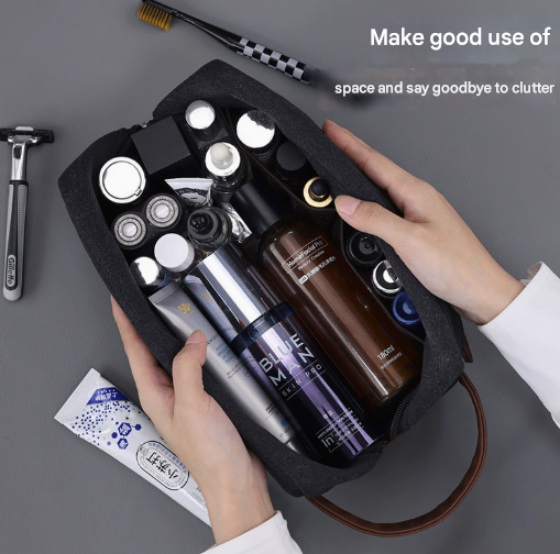 Navy Blue Men's Vintage Canvas Toiletry Bag PU Leather Accent Travel Wash Pouch Large Capacity Shaving Kit Organiser