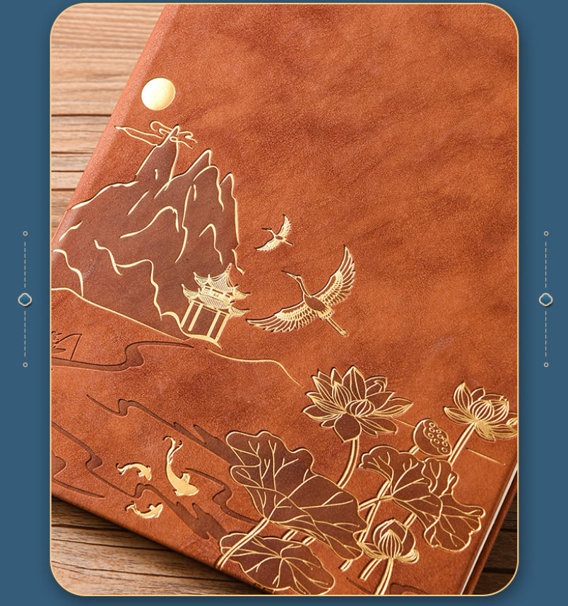Brown A5 Premium Notebook Gift Set with Pen - Red PU Leather Journal with Gold Oriental Art - 200 Pages Business Diary & Corporate Gift Box (Lotus & Crane Design)