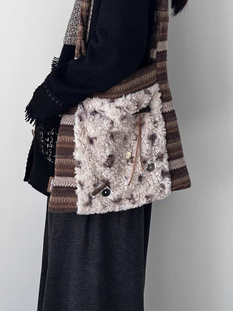 Women's Fur Splicing Large Tote Bag Wool Knit Shoulder Crossbody Bag for Casual Commute 40x36cm