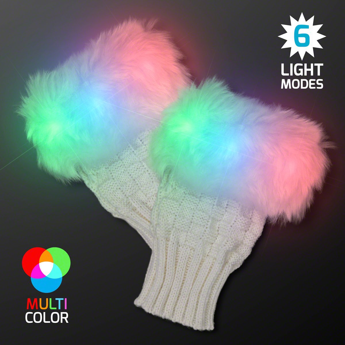 LED Light Up Knit Gloves with Faux Fur Trim - 6 Multicolor Light Modes for Halloween Christmas Parties and Festivals - One Size