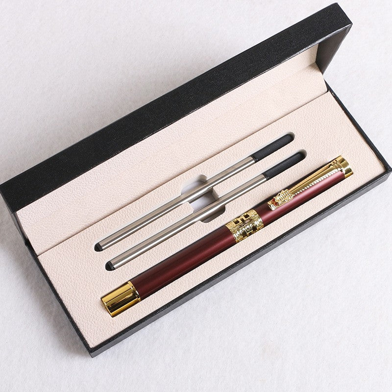 Red Two-piece Set Luxury Retro Dragon Head Signature Pen Gift Set - Full Metal 0.5mm Rollerball Each Set with 2 Spare Refills for Business and Gifting