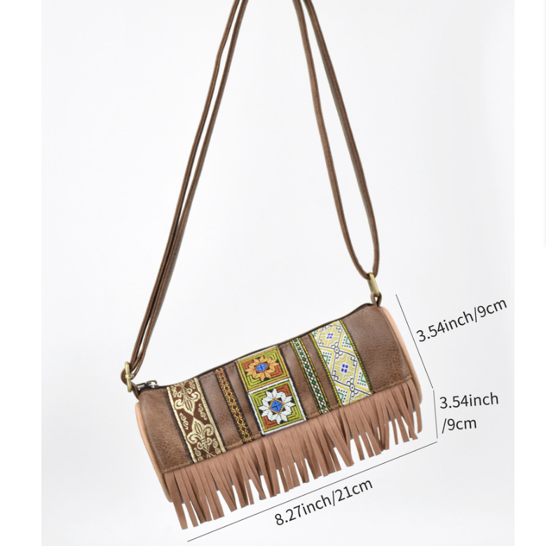 Boho Ethnic PU Leather Cylindrical Crossbody Bag with Embroidery and Fringe - 21cm Vintage Retro Drum Bag for Daily Use