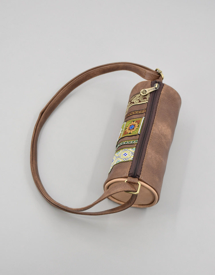 Boho Ethnic PU Leather Cylindrical Crossbody Bag with Embroidery and Fringe - 21cm Vintage Retro Drum Bag for Daily Use