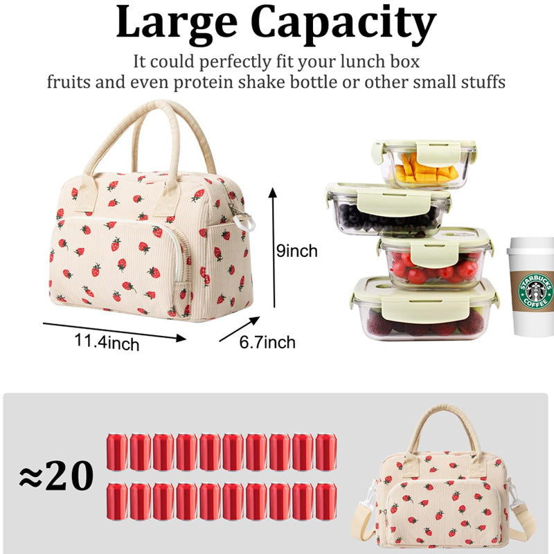 Beige Women's Large Corduroy Lunch Bag Insulated Thermal Tote Strawberry Print with Shoulder Strap for Work School & Picnics