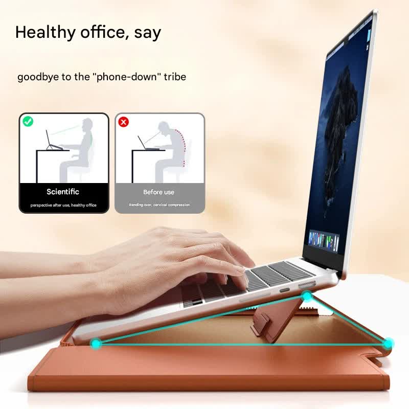 3-in-1 Detachable PU Leather Laptop Sleeve with Ergonomic Stand & Mouse Pad(brown 13/14 inch)