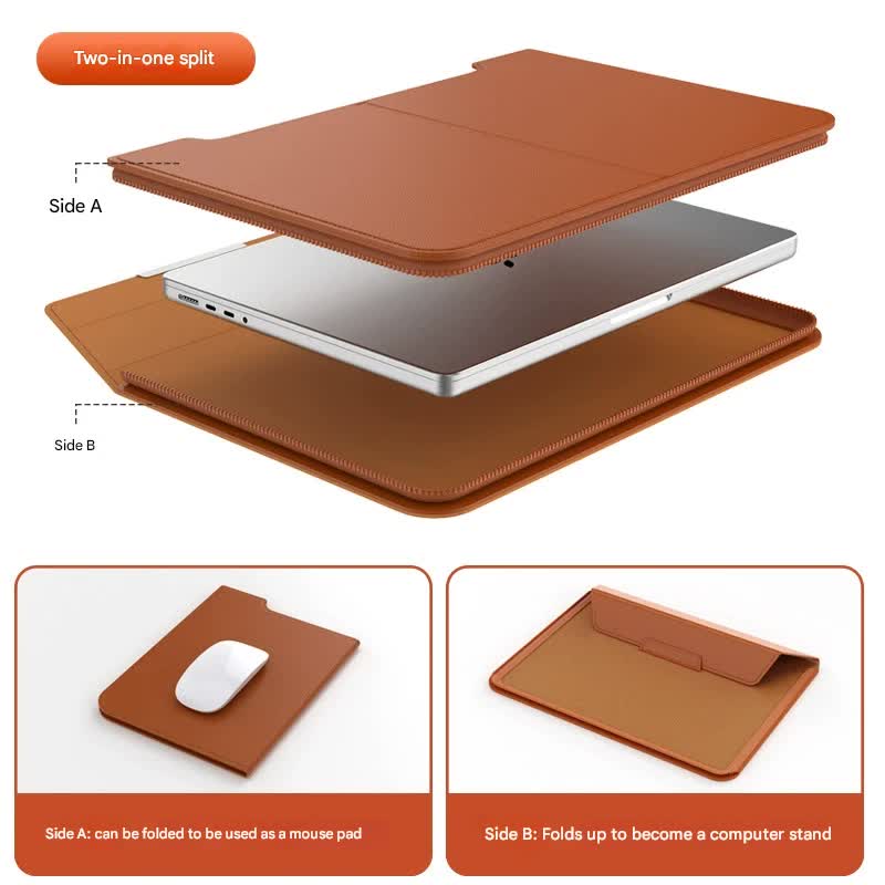3-in-1 Detachable PU Leather Laptop Sleeve with Ergonomic Stand & Mouse Pad(brown 13/14 inch)