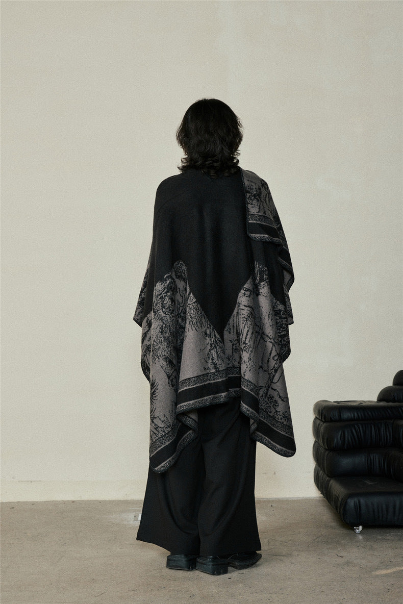 Faux Cashmere Shawl (Qingming Scroll Print) - Black Red, 160*135cm