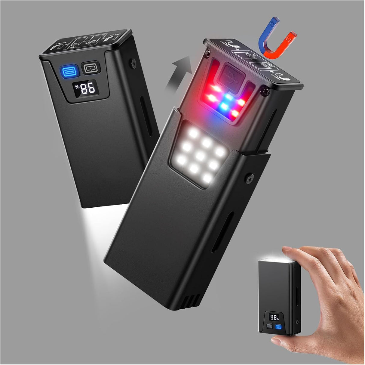 Black Magnetic Flashlight: Spotlight, COB Flood, Red&Blue Warning