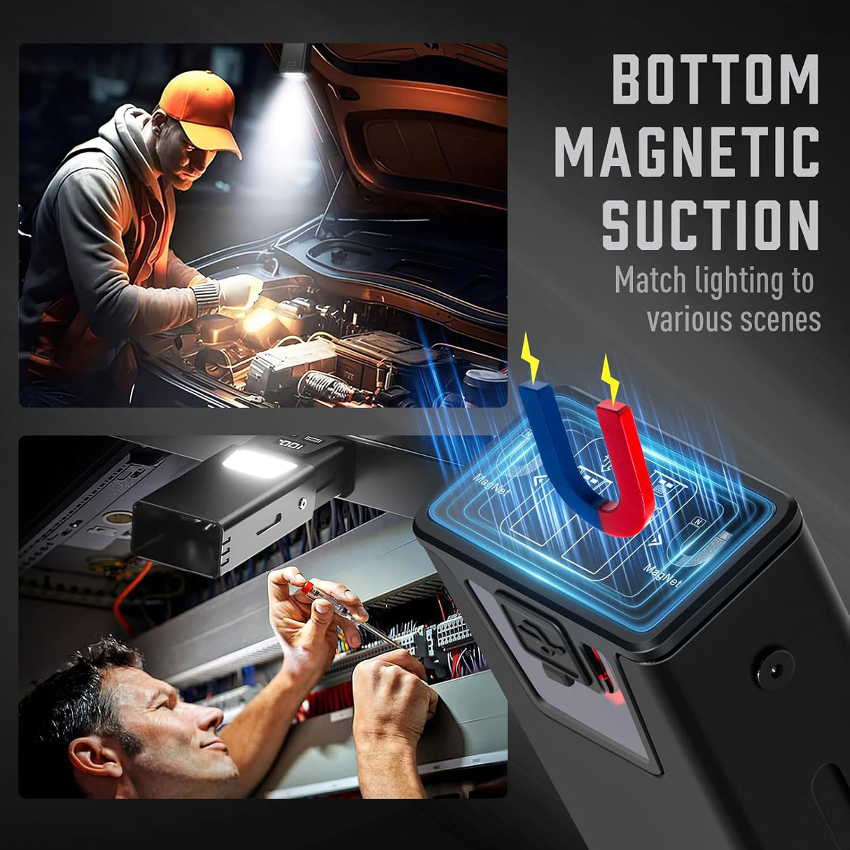 Black Magnetic Flashlight: Spotlight, COB Flood, Red&Blue Warning