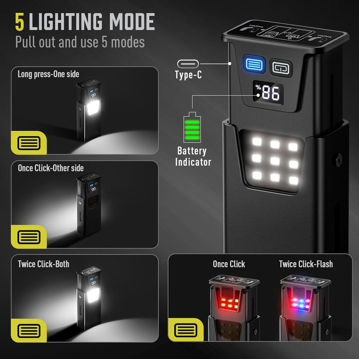 Black Magnetic Flashlight: Spotlight, COB Flood, Red&Blue Warning