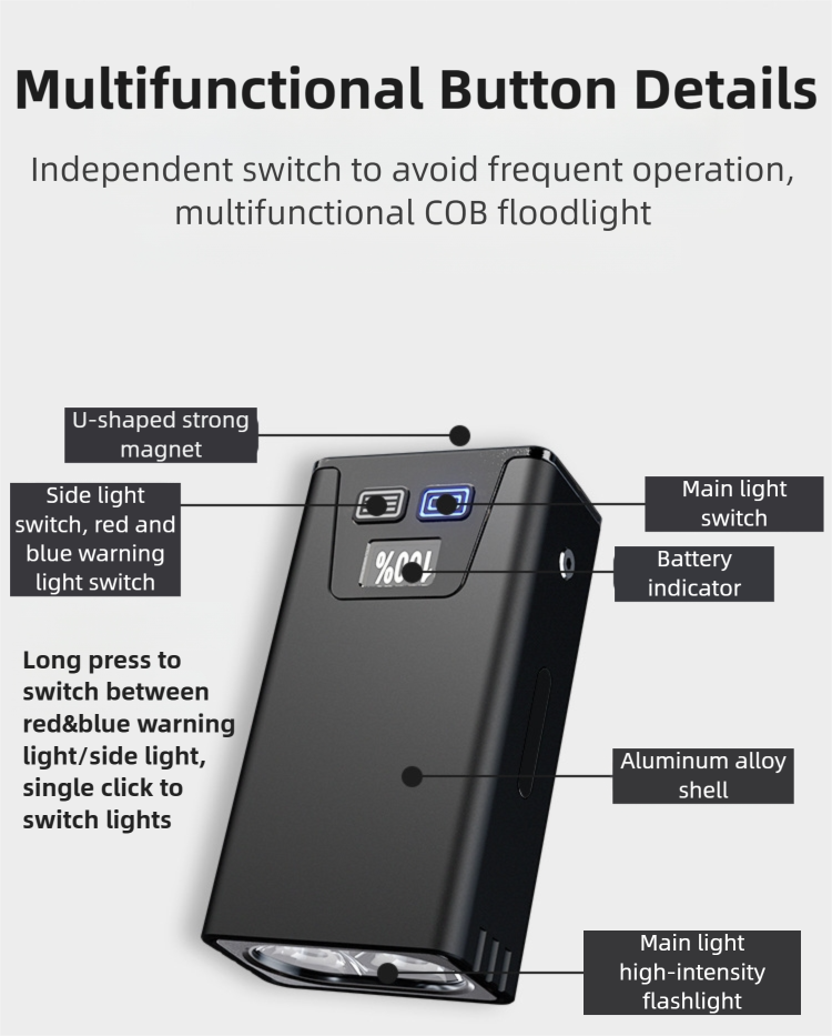 Pink-Blue Magnetic Flashlight: Spotlight, COB Flood, Red&Blue Warning