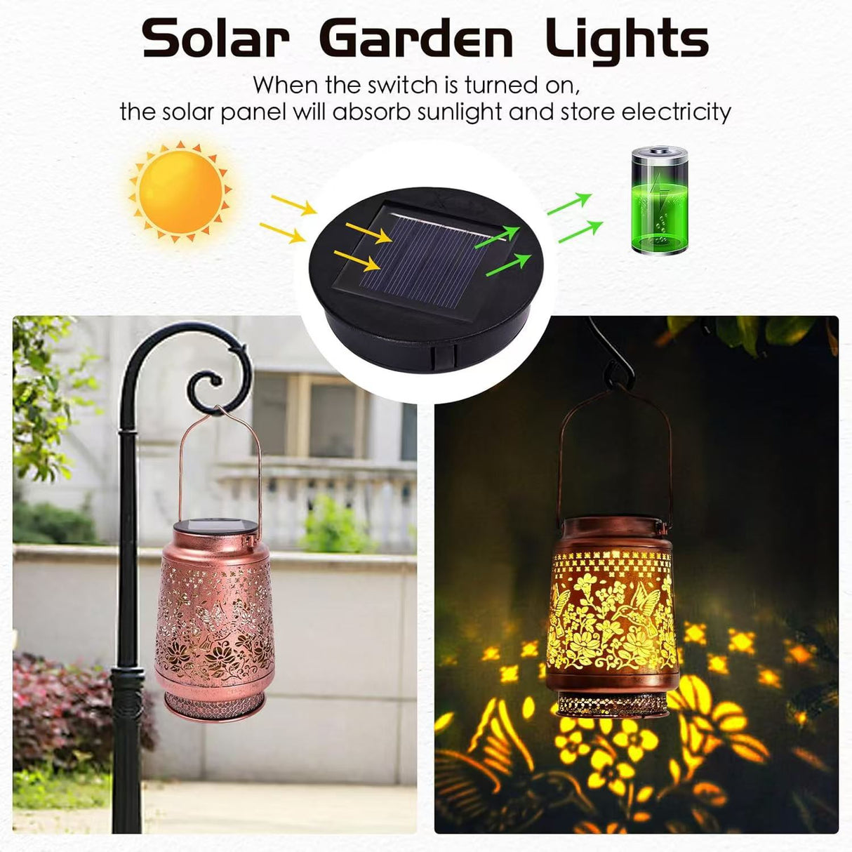 2-Pack Decorative Solar Hummingbird Lantern(11x11x17CM) - Waterproof Hanging Iron Art Outdoor Projection Light for Garden and Patio (Up to 12 Hrs Illumination)