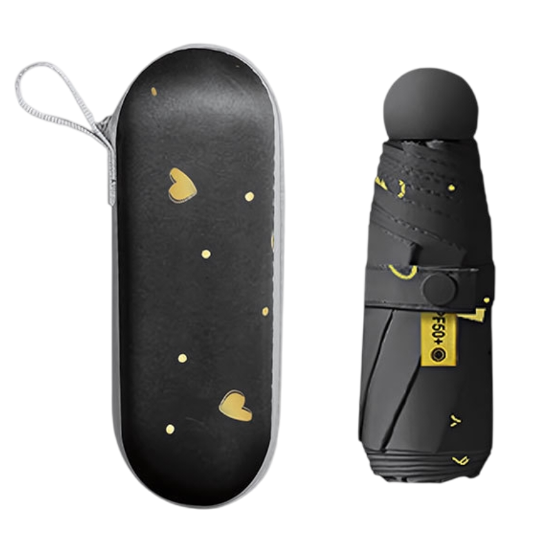 Black Ultra-Compact 5-Fold Waterproof All-Weather Umbrella for Women - Heart Pattern, Black Glue UV Protection, 8-Rib Frame, Portable Capsule Parasol