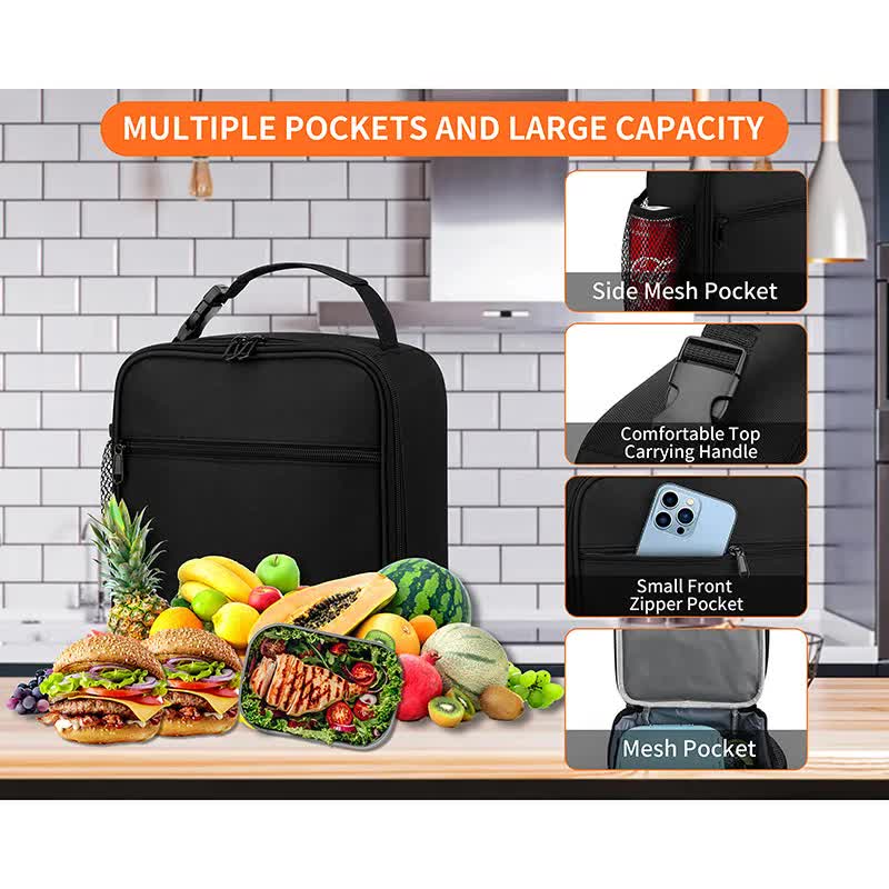Black Portable Insulated Lunch Bag - Oxford Cloth Handheld Meal Prep Tote, Large-Capacity Square Upright Design for School Office