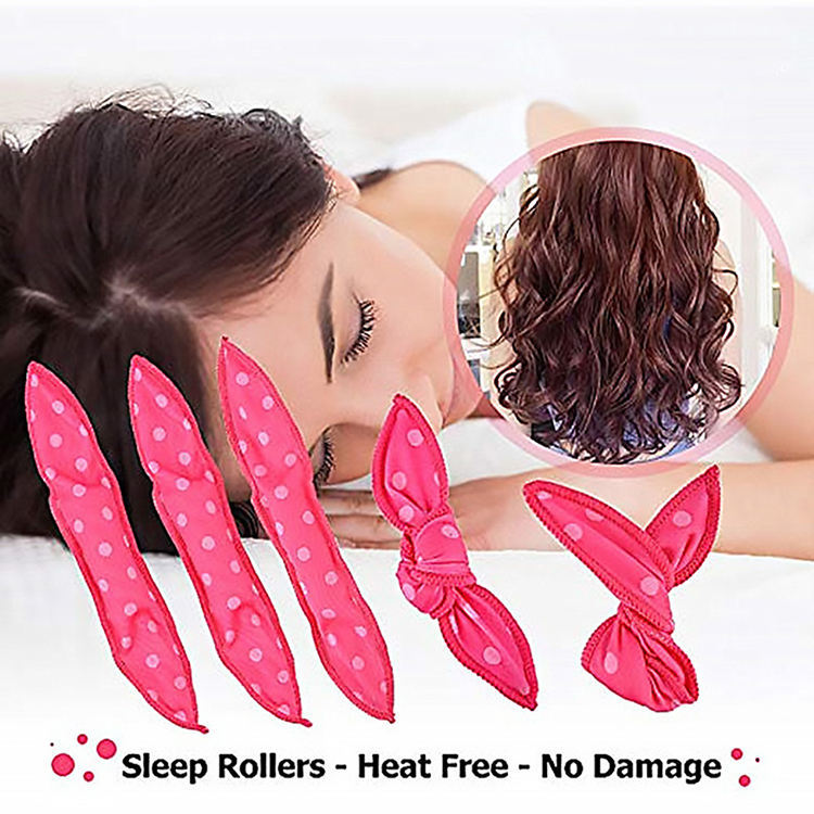 20-Pack Pink Polka Dot Bow Sponge Hair Rollers Set - Soft Sleep Pillow Lazy No-Heat Curler for Heatless Loose Curls Hair Style
