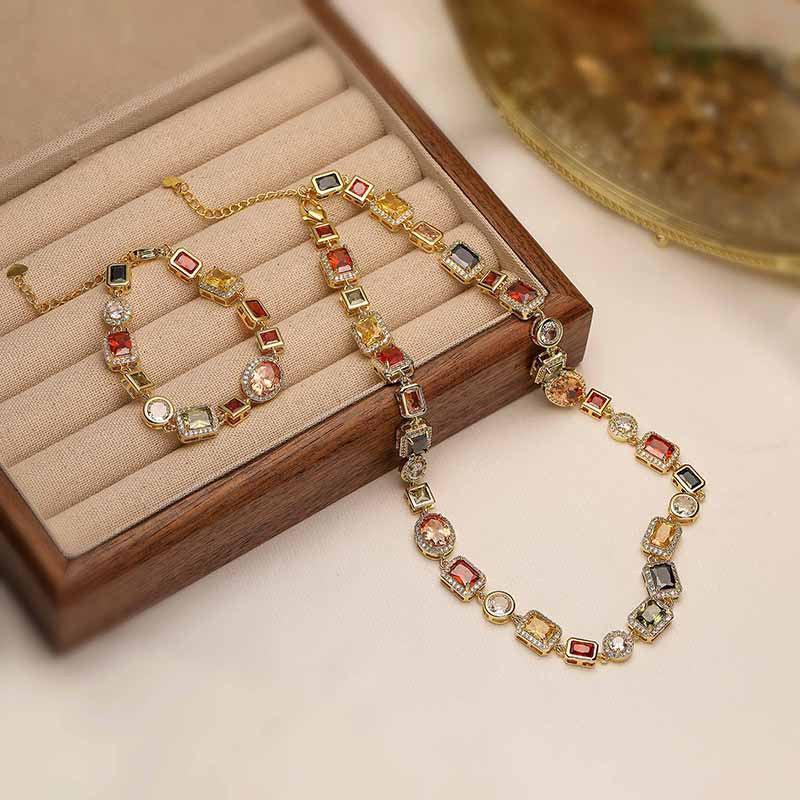 White-Gold Elegant Light Luxury Geometric Colorful Gemstone Bracelet (L: 16-21CM) - Copper Cuban Chain Cuff