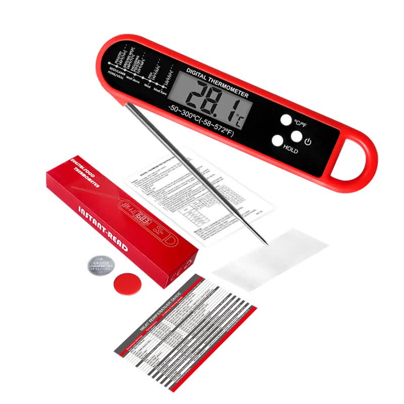 Red Folding Probe Digital LED Food Thermometer(-50℃ to 300℃) - Kitchen Cooking BBQ Meat Milk Temperature Gauge, High Accuracy with Magnet & Hanging Hole