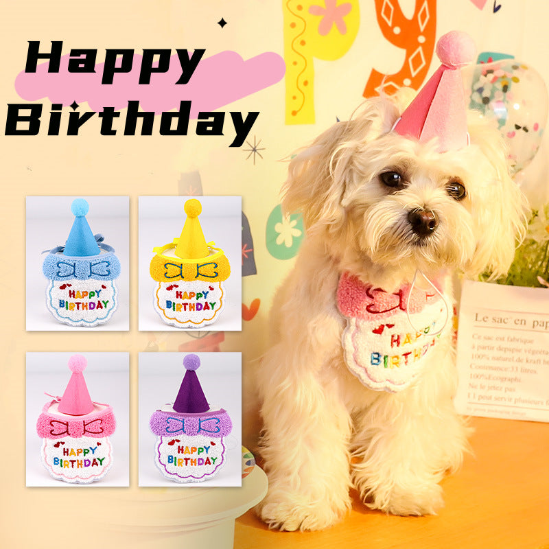 4-Pack Adorable Pet Dog Cat Birthday Party Hat & Bib Set(Purple & Dark-Blue) - Embroidered Bandana Bib & Felt Party Hat, Adjustable Tie-On Dress-Up Accessories
