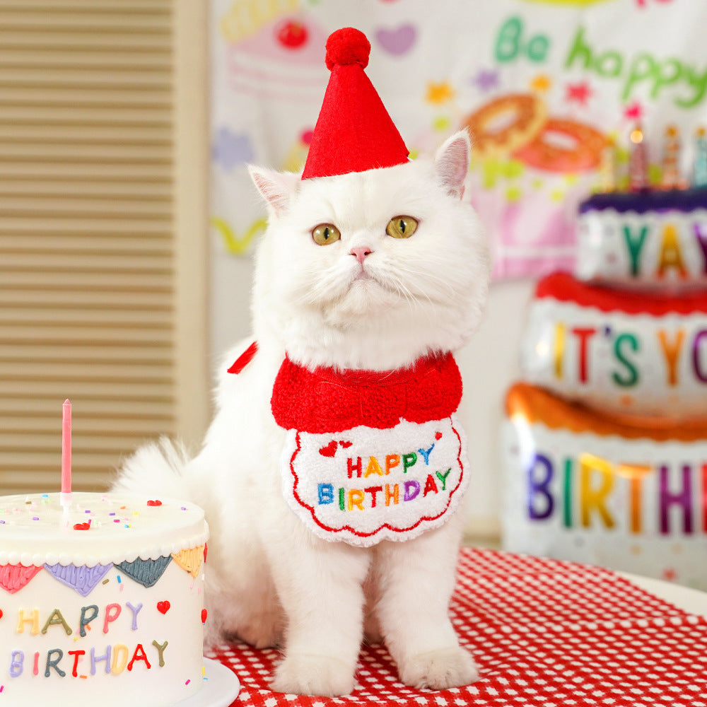 4-Pack Adorable Pet Dog Cat Birthday Party Hat & Bib Set(Green & Red) - Embroidered Bandana Bib & Felt Party Hat, Adjustable Tie-On Dress-Up Accessories