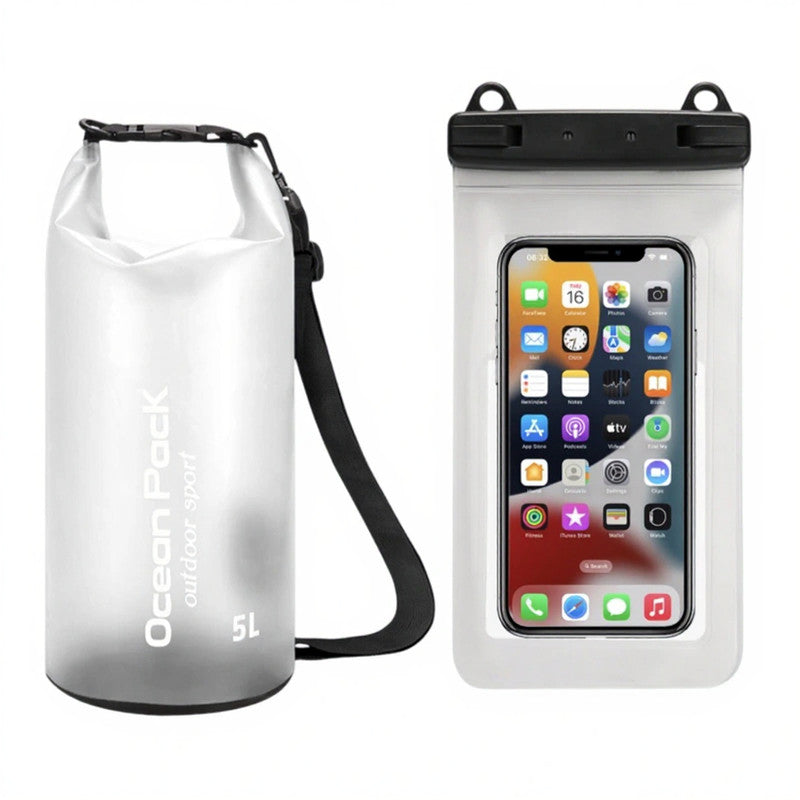 White 5L PVC Waterproof Swimming Bag Bonus with Waterproof Phone Pouch - Roll-Top Floating Dry Gear Bags for Beach, Kayaking & Outdoor Sports