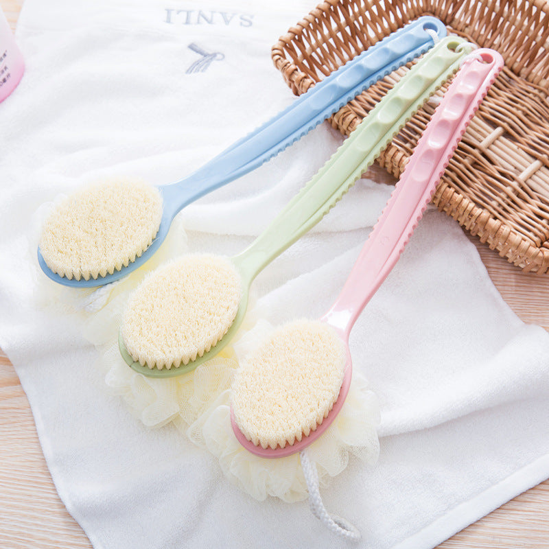 2-Pack Green 2-in-1 Soft Bristle Long Handle Bath Brush & Shower Pouf Combo - Double-Sided Back Scrubber for Adults & Kids