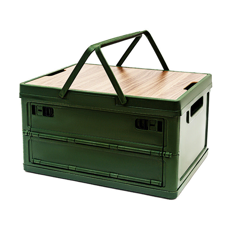 Green Collapsible Medium Side-Open Handle Storage Box with Wooden Table Top(42x28x23CM) - Car Trunk Organiser for Australian Camping & Home Use