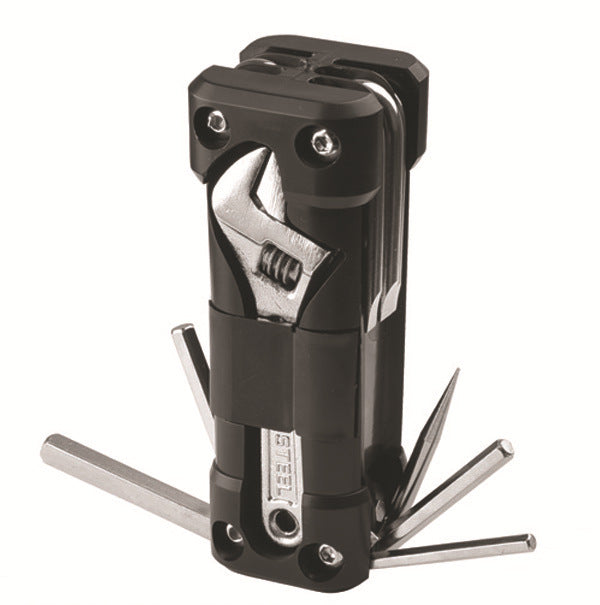 Black Compact 16-in-1 Bicycle & Motorcycle Repair Multi-Tool with Adjustable Wrench & Socket Set