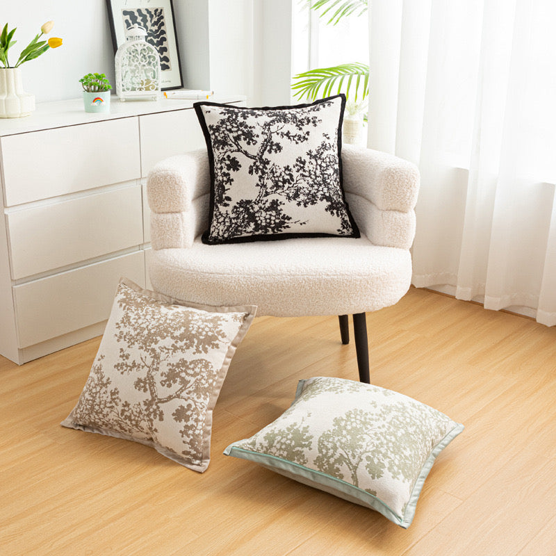 White Elegant Black & White Tree Print Cushion Cover - Modern Home Decor