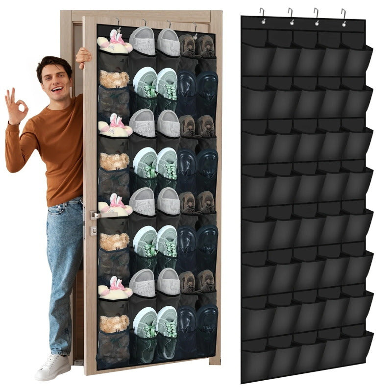 Black 28-Pocket Over-the-Door Shoe Organizer with Breathable Mesh – Wall Hanging Storage Bag for Shoes, Boots, and Accessories