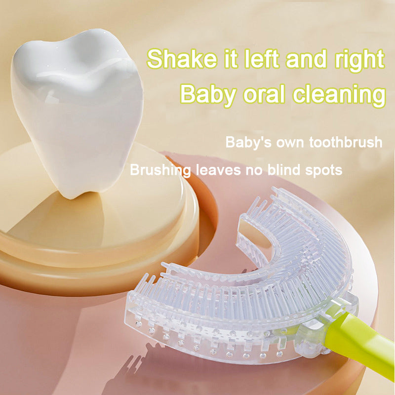 Green frog U-Shaped Kids Toothbrush - Food Grade Silicone Manual Toothbrush for 2-12 Year Olds - 360 degree Full Mouth Cleaning Baby Oral Care - Comes with Wall Mount Holder