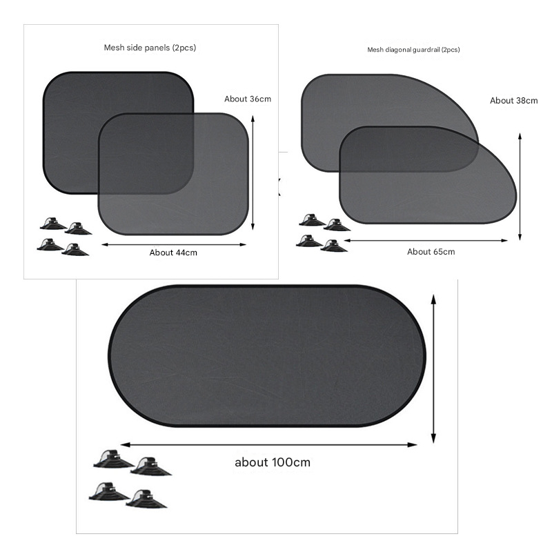 Black Universal Car Window Sun Shade Set - Mesh Fabric UV Protection(One solid rear panel + two angled panels + two solid side panels)
