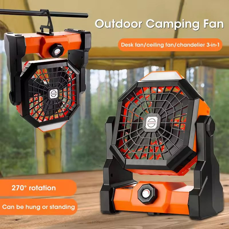 Black and orange Portable Outdoor Camping Fan with LED Light - Rechargeable USB Tent Fan for Australia