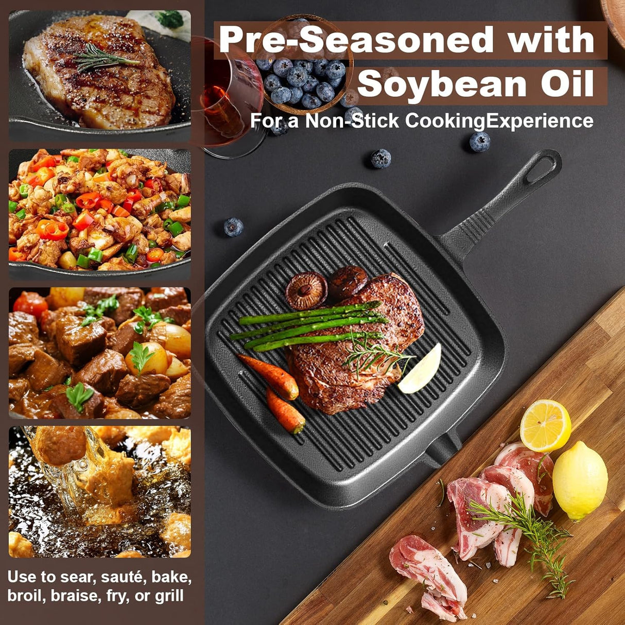 Five-piece set Heavy Duty Cast Iron Skillet & Grill Pan Thickened Vintage Style Cookware for Steak Breakfast & Camping