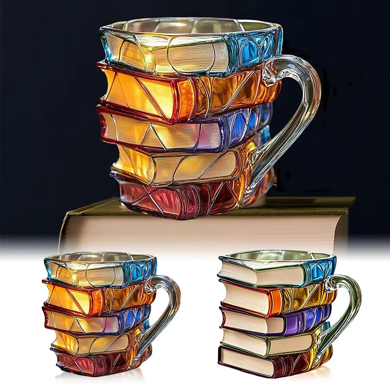 3D Book Stack Resin Mug with Spoon Creative Library Bookshelf Design Coffee Cup Unique Gift for Book Lovers and Writers(style B)