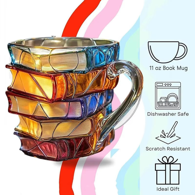 3D Book Stack Resin Mug with Spoon Creative Library Bookshelf Design Coffee Cup Unique Gift for Book Lovers and Writers(style B)