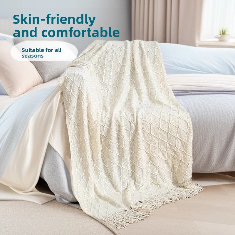 Lake blue Nordic Knitted Throw Blanket with Tassels 130x230cm Soft Acrylic Diamond Pattern Sofa Cover Bed Runner and Travel Blanket