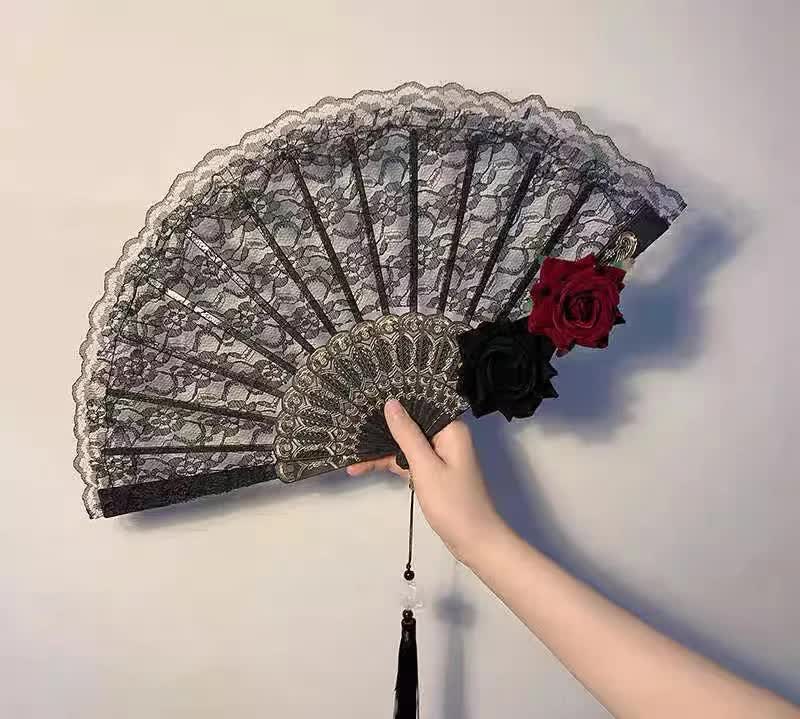2 Pack White lace, white roses Vintage Lace Folding Fans Gothic Palace Style with Rose Cross Tassels for Tea Party Cosplay and Photo Props