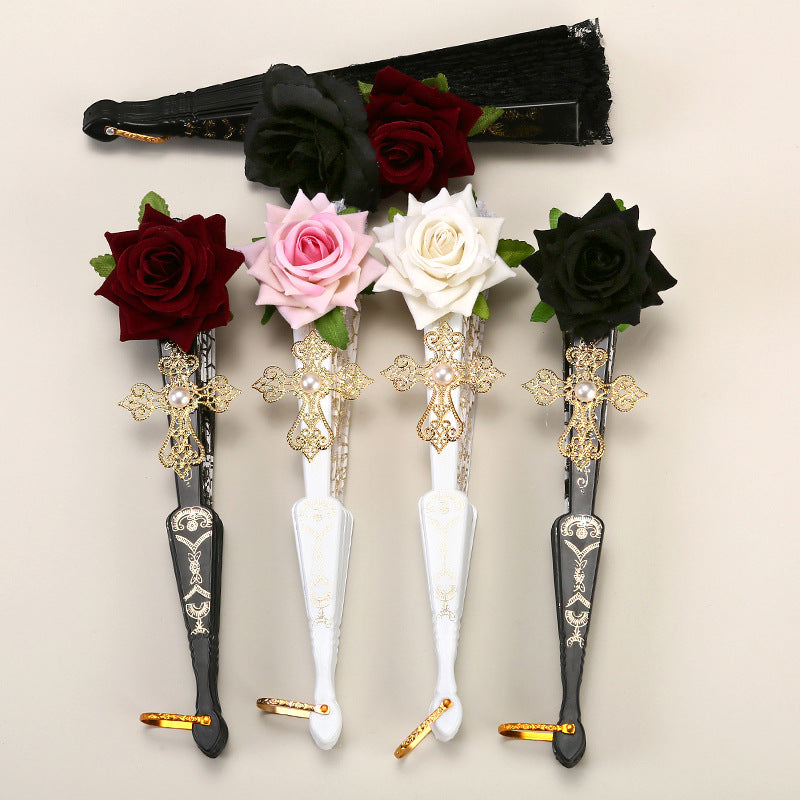 2 Pack White lace, white roses Vintage Lace Folding Fans Gothic Palace Style with Rose Cross Tassels for Tea Party Cosplay and Photo Props