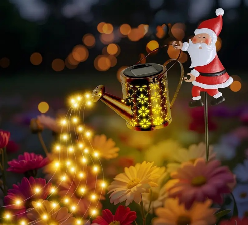 Warm white light Solar Powered Christmas Garden Stake - Metal Santa with Watering Can & LED Waterfall - 82cm Outdoor Yard Decoration