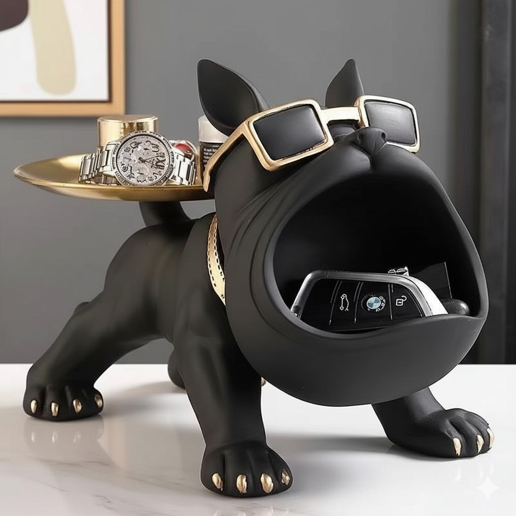 Cool French Bulldog Statue Storage Tray Dark Green Resin Dog Figurine Key Bowl and Candy Organiser with Open Mouth Design for Entryway Table Home Decor