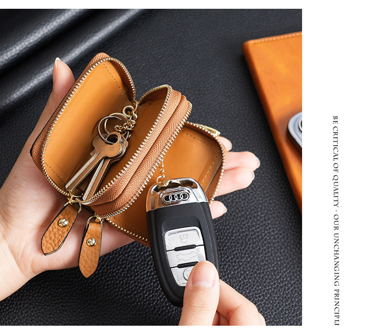 Genuine Leather Car Key Case Double Zipper Smart Key Fob Holder Wallet Remote Organiser Pouch with Hook Dark Blue