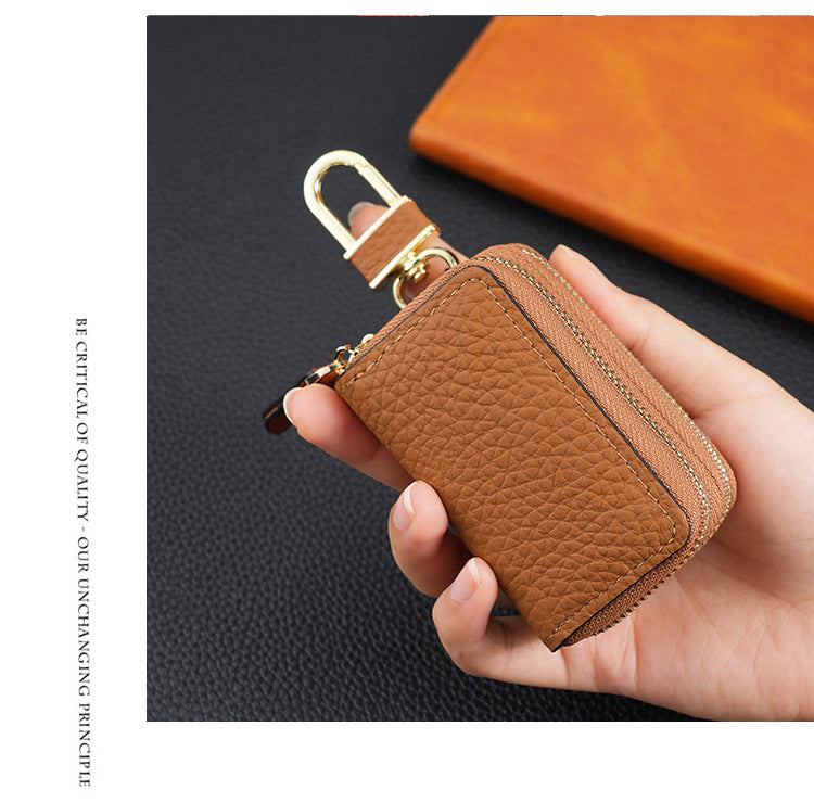 Genuine Leather Car Key Case Double Zipper Smart Key Fob Holder Wallet Remote Organiser Pouch with Hook Dark Blue