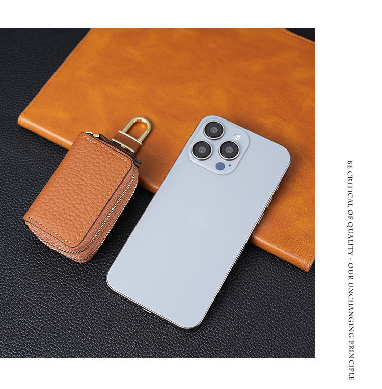 Genuine Leather Car Key Case Double Zipper Smart Key Fob Holder Wallet Remote Organiser Pouch with Hook Pink