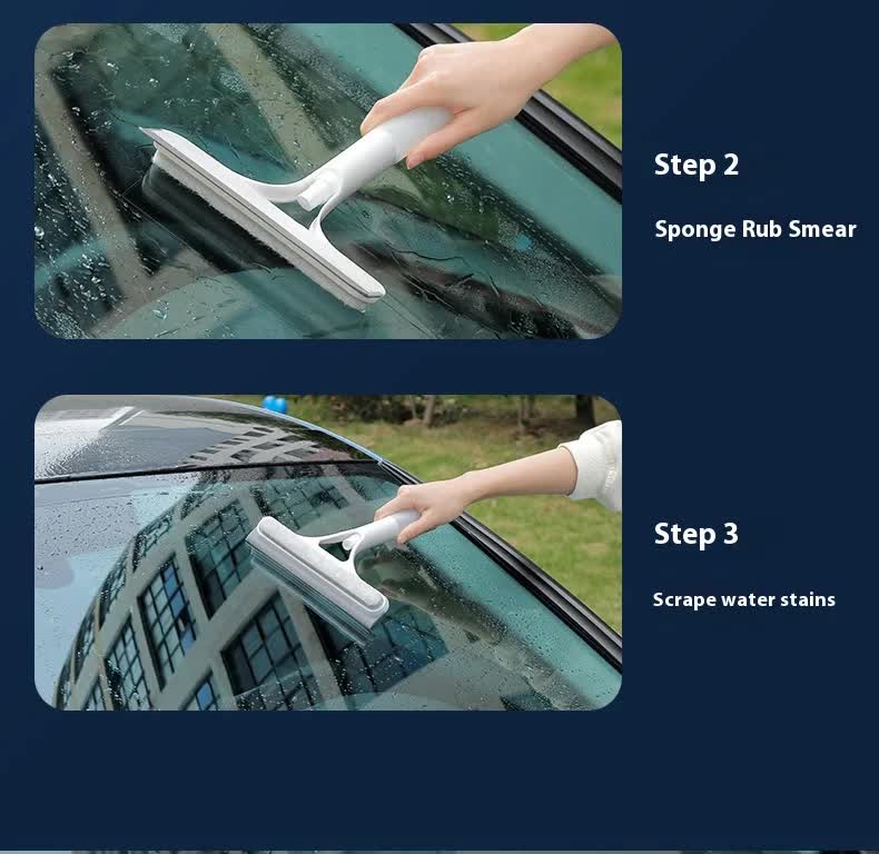 White 3-in-1 Window Squeegee with Built-in Spray Bottle - Dual Sided Sponge Glass Cleaner - Streak Free Tool for Shower Screens, Mirrors & Car Windows