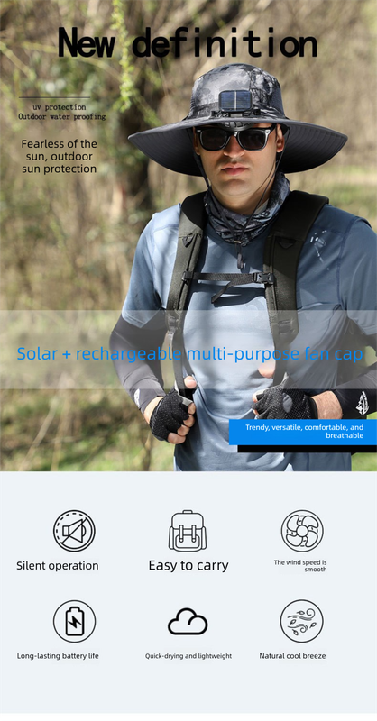 Light Grey Dual Solar Fan Hat with Rechargeable Battery - Wide Brim UPF 50+ Sun Protection Bucket Hat for Fishing & Outdoor Work