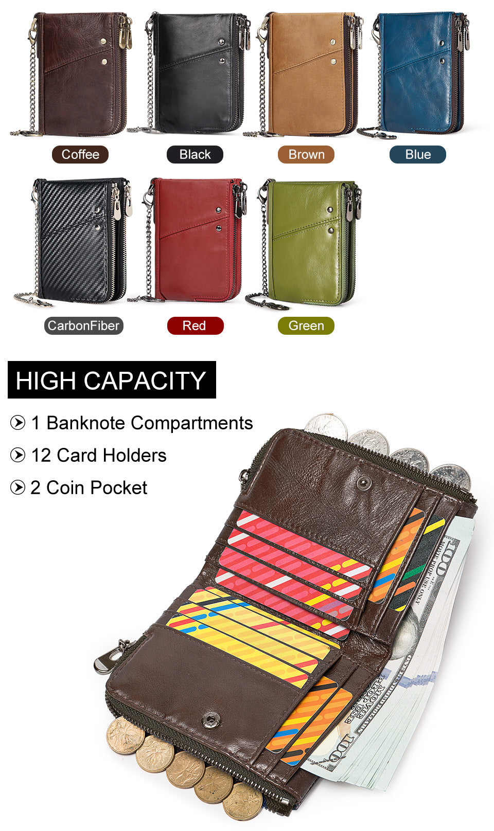 Genuine Leather Mens Wallet Double Zipper - RFID Blocking Bifold Card Holder with Coin Pocket - Coffee Gift for Him