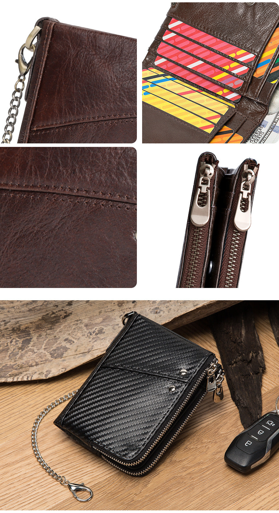 Genuine Leather Mens Wallet Double Zipper - RFID Blocking Bifold Card Holder with Coin Pocket - Coffee Gift for Him