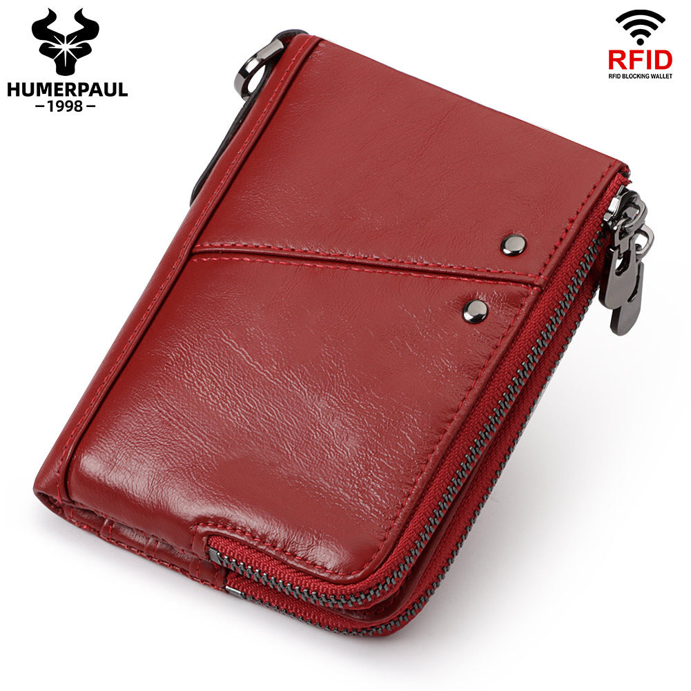 Genuine Leather Mens Wallet Double Zipper - RFID Blocking Bifold Card Holder with Coin Pocket - Red Gift for Him