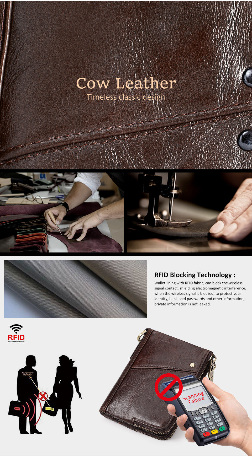 Genuine Leather Mens Wallet Double Zipper - RFID Blocking Bifold Card Holder with Coin Pocket - Red Gift for Him