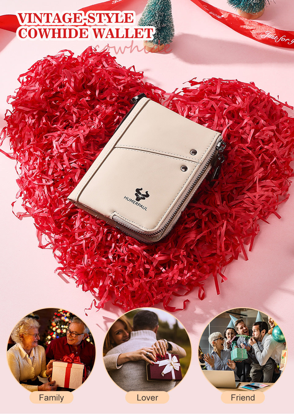 Genuine Leather Double Zipper Wallet - Brown RFID Blocking Bifold Card Holder - Vintage Cowhide Purse with Coin Pockets (13cm)